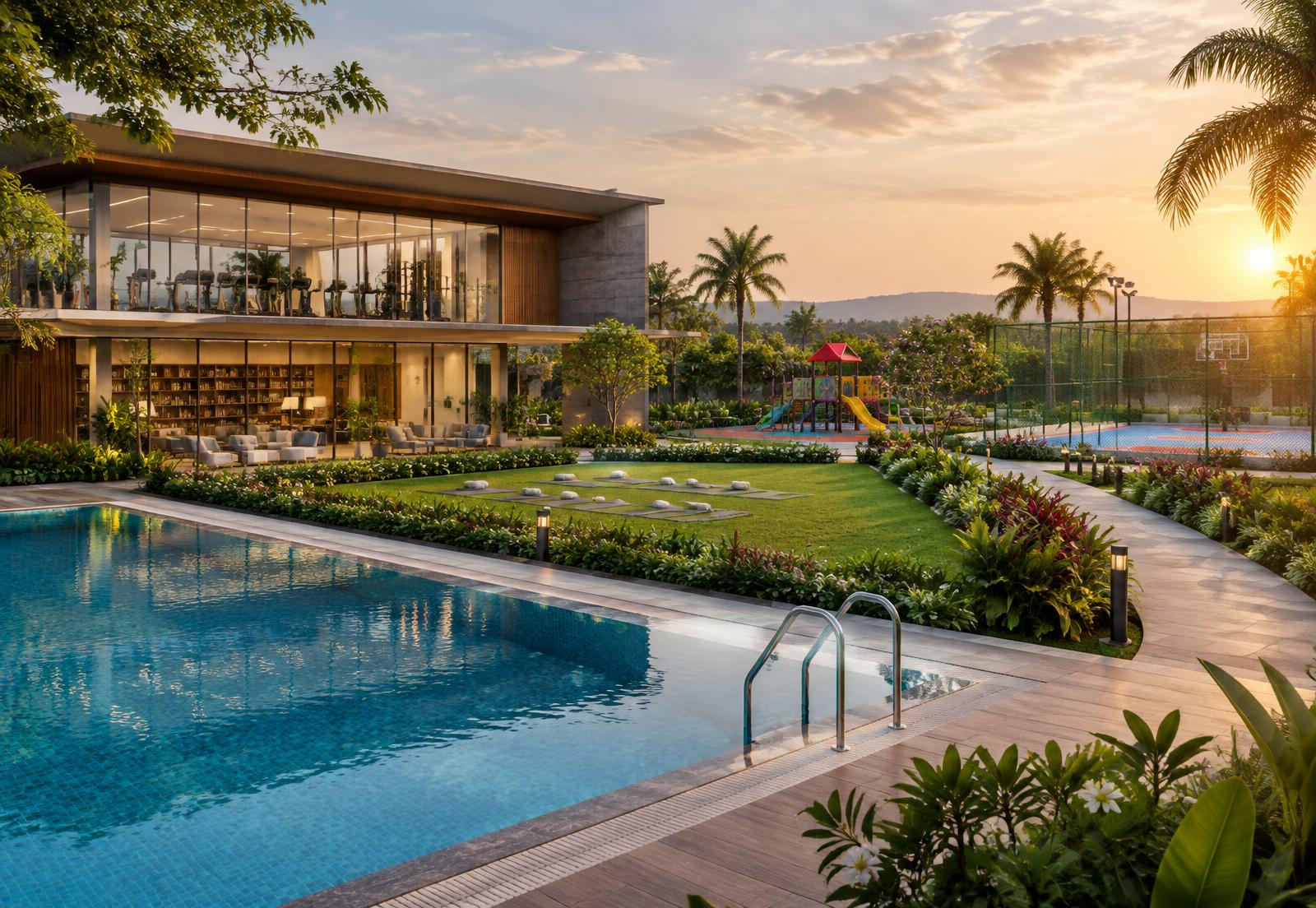 Clubhouse gym, library, pool, play area, yoga lawn and sports court