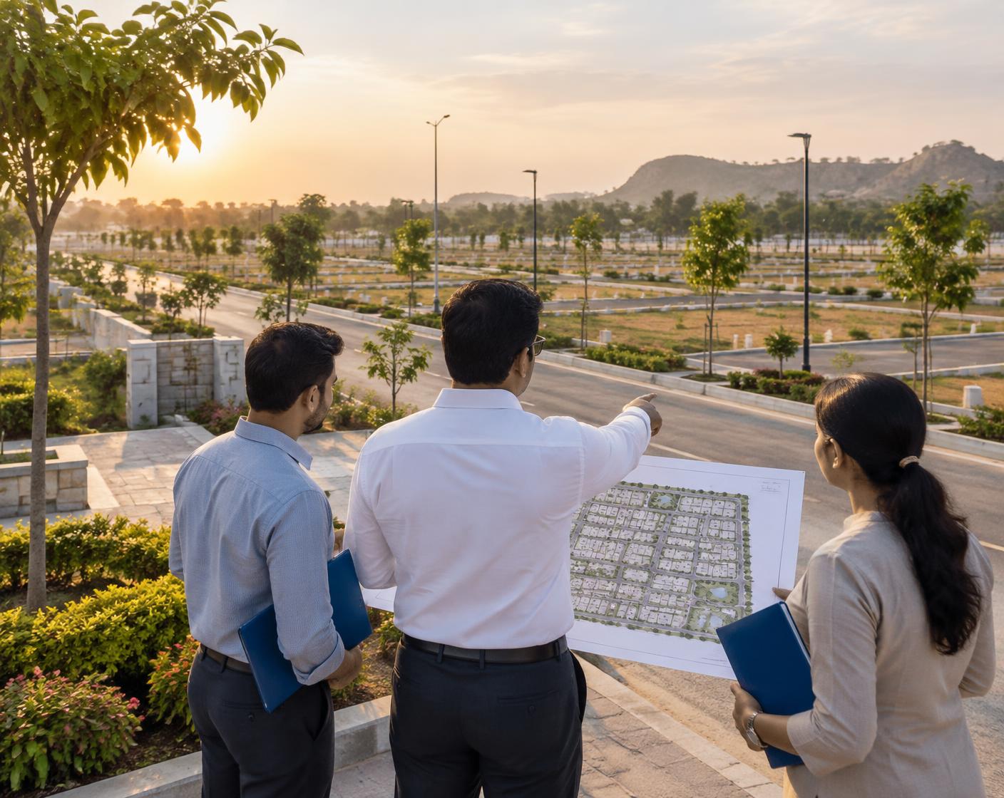 Property team reviewing a community master plan at the Sai Sindhu Developers site