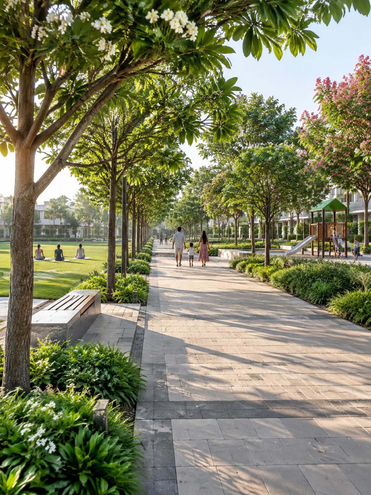 Tree-lined walking avenue in the community