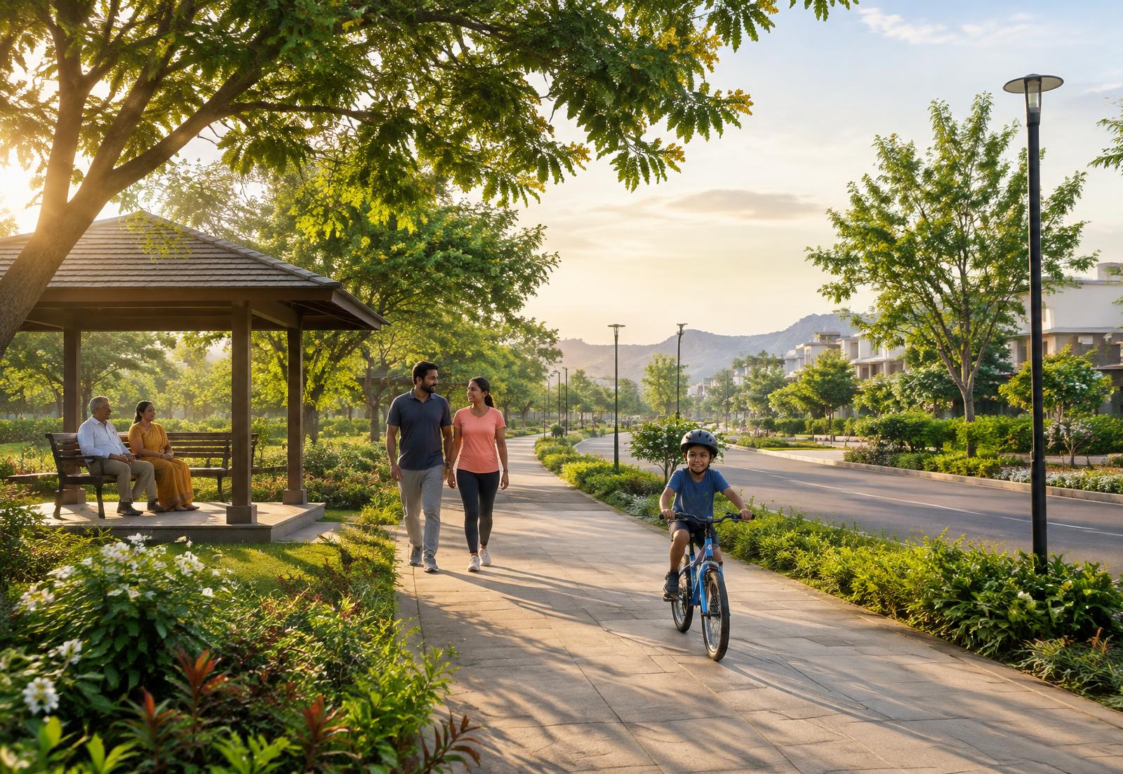 Family walking and cycling along a green community avenue
